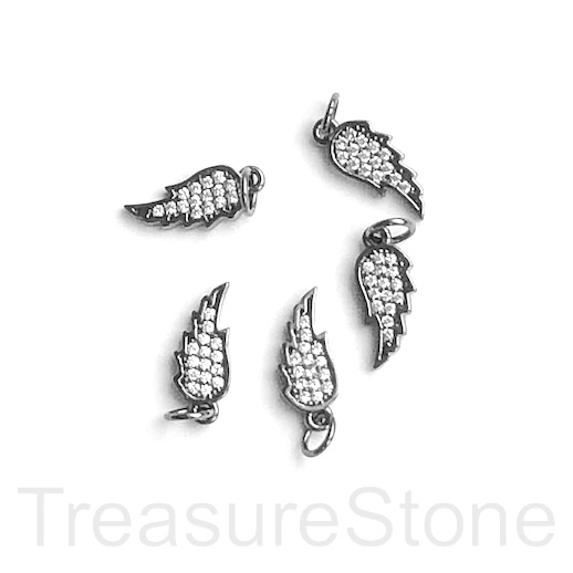 Pave Charm, pendant,brass, 6x13mm angel wing, black,clear CZ.Ea