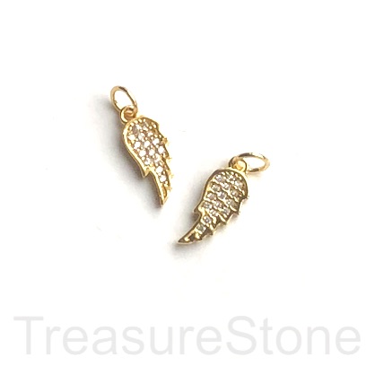 Pave Charm, pendant,brass, 6x13mm angel wing, gold,clear CZ.Ea