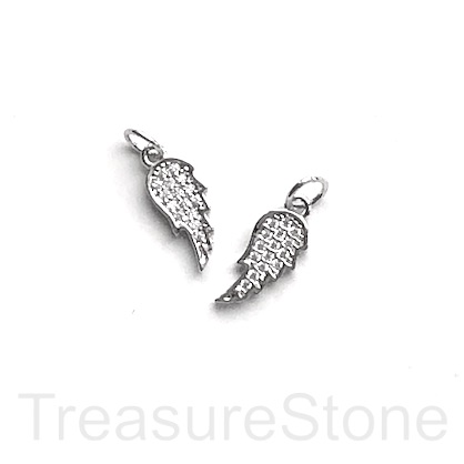 Pave Charm, pendant,brass, 6x13mm angel wing, silver,clear CZ.Ea