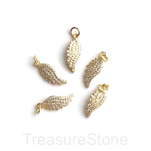Pave charm, pendant, brass, 7x15mm gold wing, clear CZ.Ea
