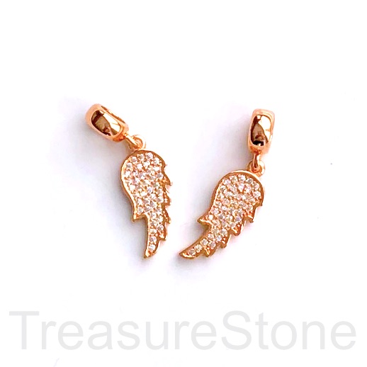 Pave Charm, pendant, 8x13mm rose gold angel wing, clear CZ. Ea