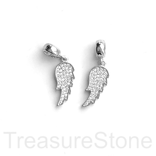 Pave Charm, pendant, 8x13mm silver angel wing, clear CZ. Ea
