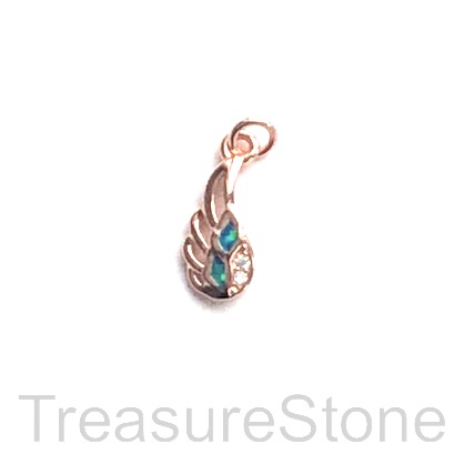 Pave Charm, 6x13mm rose gold angel wing, opal, clear CZ, ea