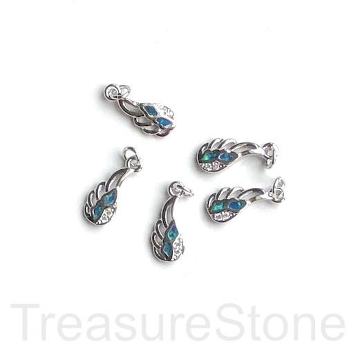 Pave Charm, 6x13mm silver angel wing, opal, clear CZ, ea - Click Image to Close