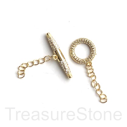 Pave clasp, toggle, brass, gold clear CZ, 14mm/26mm. Ea