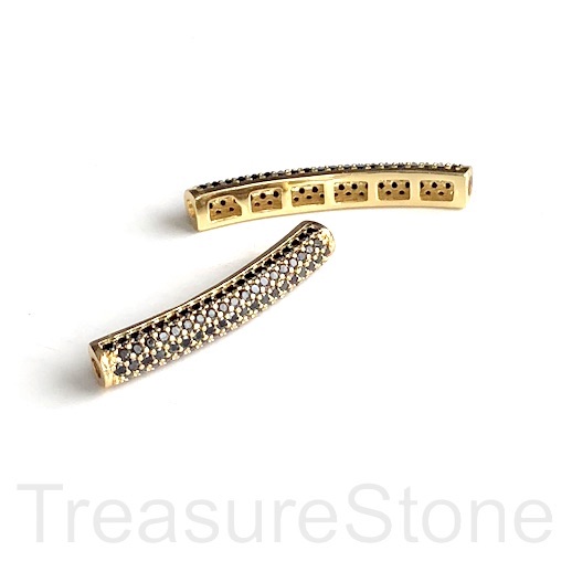 Pave Bead, brass, 4x28mm gold curved tube, black CZ. Ea