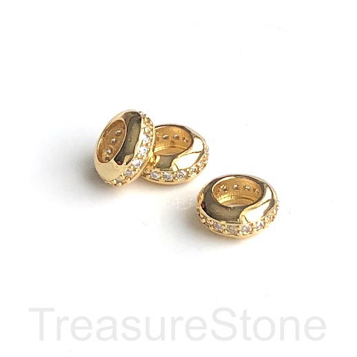 Pave Bead, 4x10mm gold rondelle, large hole:5.5mm, clear CZ. Ea