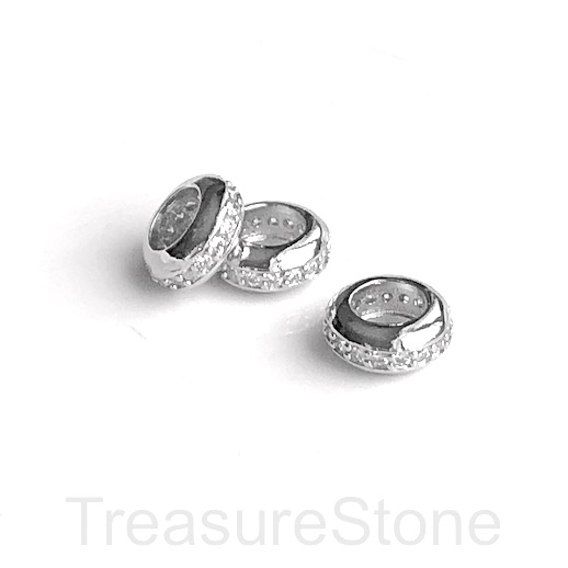 Pave Bead, 4x10mm silver rondelle, large hole:5.5mm, clear CZ.Ea