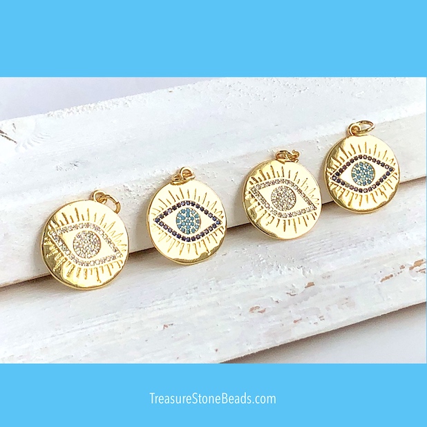 Pave Charm,pendant, 18mm gold evil eye, blue, turquoise CZ. Ea