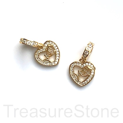 Charm, brass, 11x20mm gold, heart, MOM, CZ. Ea - Click Image to Close