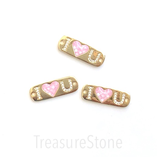 Pave Charm, link,connector,9x26mm gold, pink opal, I love you.Ea
