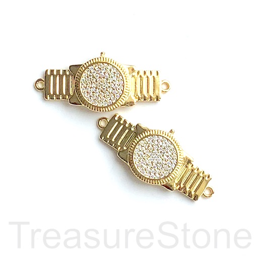 Pave charm, pendant, link, connector, 16x31mm gold watch face.Ea - Click Image to Close