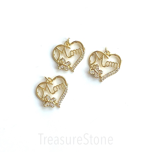 Pave Charm, pendant, 20mm gold heart, MOM, butterfly. Ea