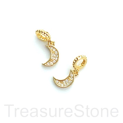 Pave Charm, brass, 10x8mm moon, gold, CZ. Ea