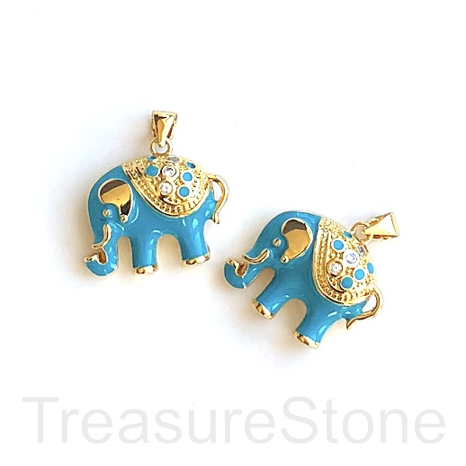 Pave charm, pendant,brass,Enamel,22mm gold elephant,turquoise.Ea