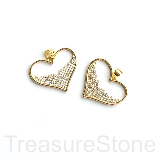 Pave Charm, pendant, 25mm gold heart, clear CZ.Ea - Click Image to Close