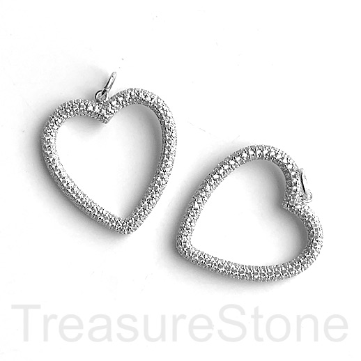 Pave pendant, brass, 30mm silver heart, clear CZ.Ea