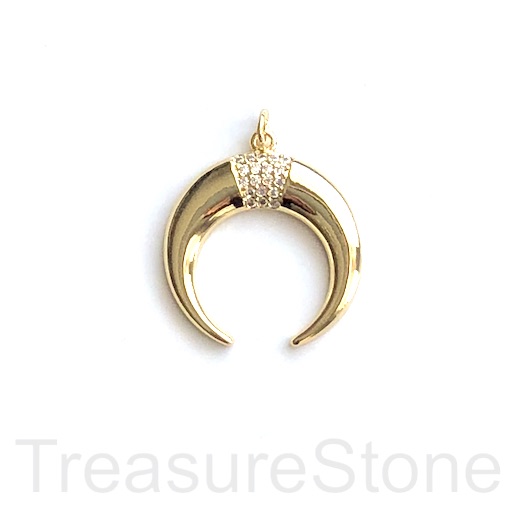 Pave pendant, brass, 24mm gold horn, clear CZ. Ea