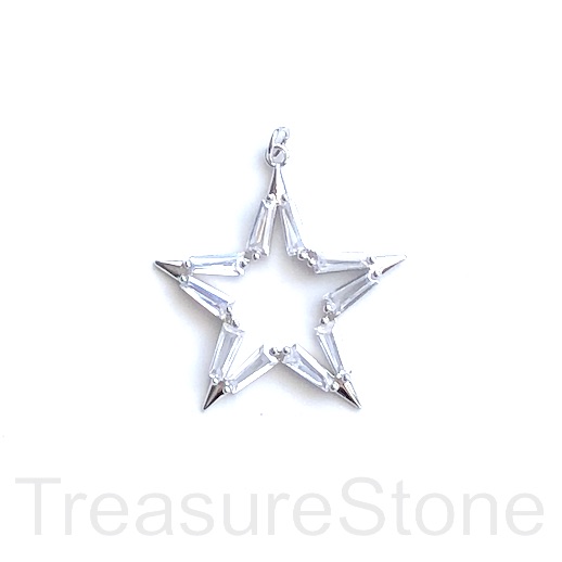 Pave Pendant, brass, 32mm silver, open star, clear CZ. Ea