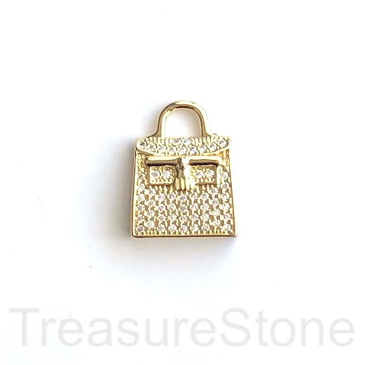 Pave pendant, brass, 19x25mm gold purse, handbag, clear CZ. Ea
