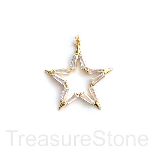 Pave Pendant, brass, 32mm gold, open star, clear CZ. Ea - Click Image to Close
