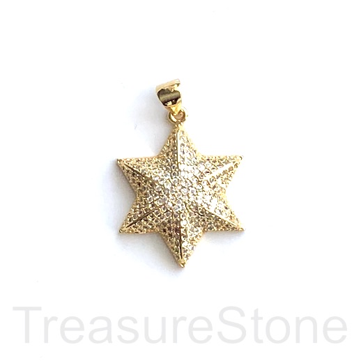 Pave pendant, brass, 20x22mm gold star, clear CZ. Ea
