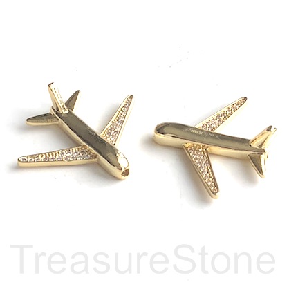 Bead, brass, 22x27mm gold coloured, pave air plane, CZ. Ea