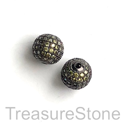 Pave Bead, brass, 10mm black round with green crystals. Each