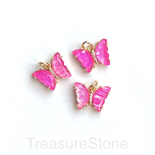 Pave resin Charm,pendant,gold,12x17mm butterfly, fuchsia.ea