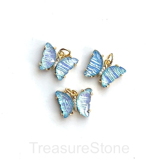 Pave resin Charm,pendant,gold,12x17mm butterfly, light blue.ea