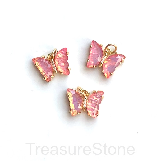 Pave resin Charm,pendant,gold,12x17mm butterfly, pink.ea