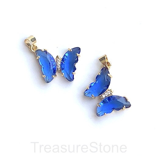 Pave resin Charm, pendant, gold 15x19mm butterfly, blue. Each