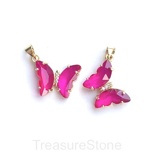 Pave resin Charm,pendant,gold,15x19mm butterfly,fuchsia.ea