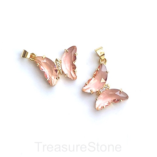 Pave resin Charm,pendant,gold,15x19mm butterfly, peach pink.ea