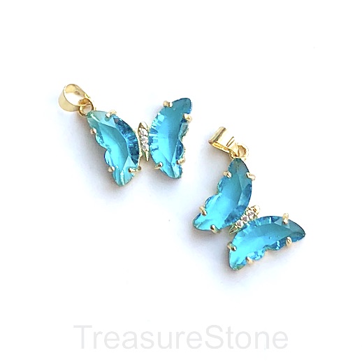 Pave resin Charm, pendant, gold 15x19mm butterfly,tilt blue. Ea