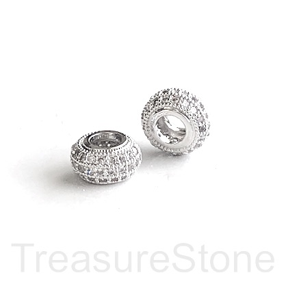 Pave Bead,brass,silver,clear,4x8mm rondelle, large hole,3.5mm.Ea