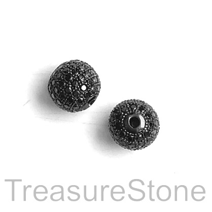 Pave Bead, brass, 8mm black round with black crystals. Each