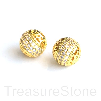 Pave Bead, brass, 10mm gold round, clear CZ. Ea