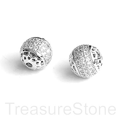 Pave Bead, brass, 10mm silver round, clear CZ. Ea