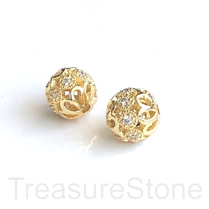Pave Bead, brass, 8mm gold round, clear CZ. Ea