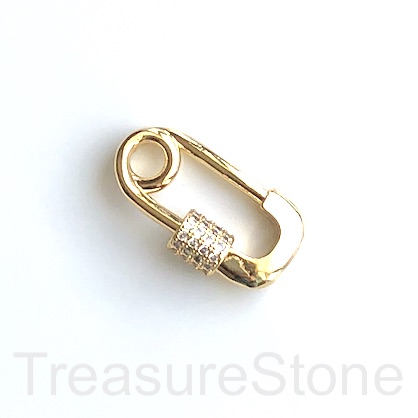 Pave screw,carabiner clasp,gold,clear CZ,14x25mm safety pin. Ea