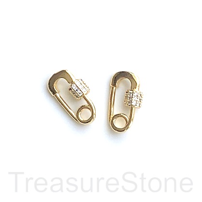 Pave screw,carabiner clasp,gold,clear CZ,14x8mm safety pin. Ea