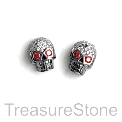 Pave Bead, brass, 10x13mm black skull with red eye crystals. Ea