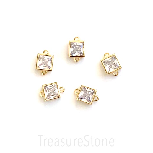 Pave Charm, link, connector, 7mm square gold, clear crystal. Ea