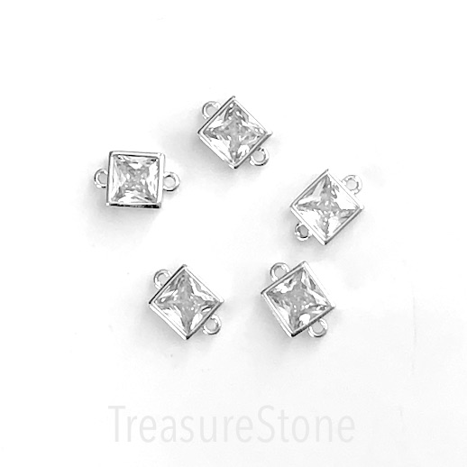 Pave Charm, link, connector, 7mm square silver, clear crystal.Ea