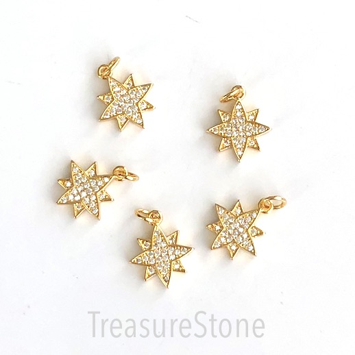 Pave Charm, pendant, brass, 13mm gold star, clear CZ. Each
