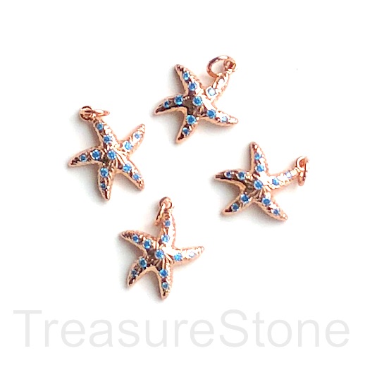 Pave Charm, brass, 14mm rose gold starfish, turquoise CZ. Ea