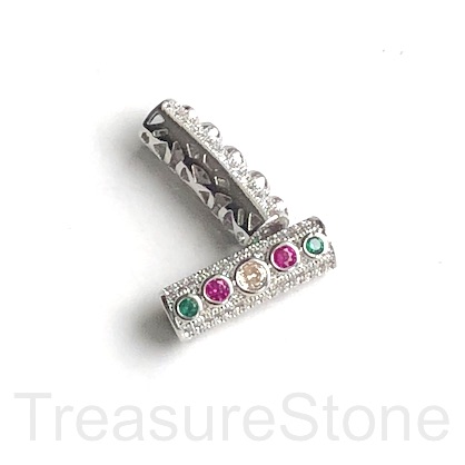 Pave Bead,brass,silver, colour CZ,6x18mm tube, large hole,3mm.Ea