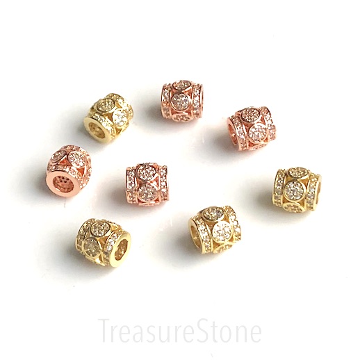Pave Bead, 8mm tube, rose gold brass, clear CZ, hole, 3.5mm. ea