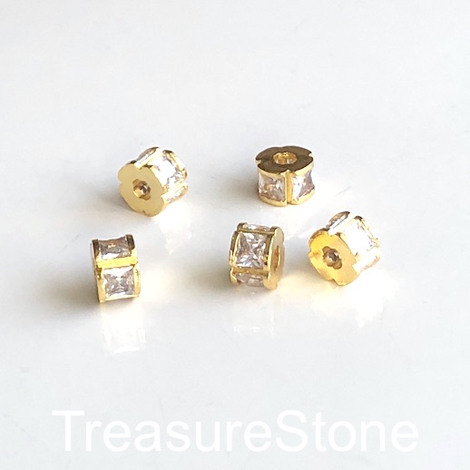 Pave Bead, brass, 4x6mm gold tube, clear CZ. Each